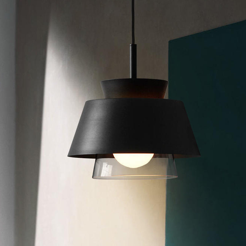 Minimalist 2-Tier Iron Hanging Pendant Light with Transparent Glass Shade - Black/White Ceiling Lamp