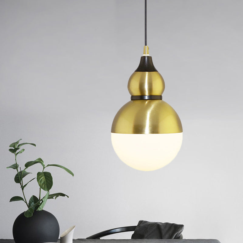 Black/Brass Gourd Shaped Pendant Lamp - Mid Century Metal - 1-Light Pendulum with Bottom White Glass Diffuser