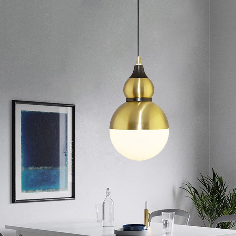 Black/Brass Gourd Shaped Pendant Lamp - Mid Century Metal - 1-Light Pendulum with Bottom White Glass Diffuser