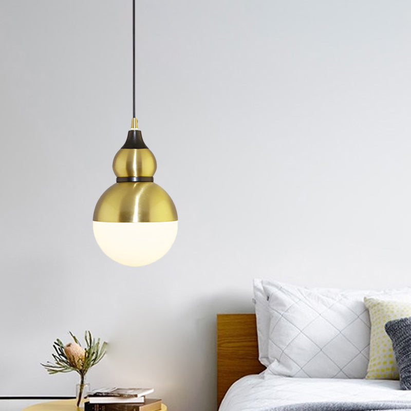Black/Brass Gourd Shaped Pendant Lamp - Mid Century Metal - 1-Light Pendulum with Bottom White Glass Diffuser