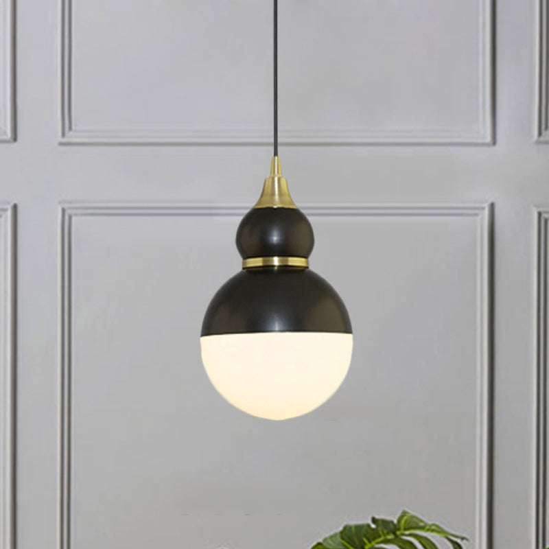 Black/Brass Gourd Shaped Pendant Lamp - Mid Century Metal - 1-Light Pendulum with Bottom White Glass Diffuser