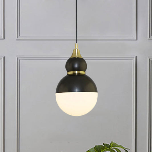 Black/Brass Gourd Shaped Pendant Lamp - Mid Century Metal - 1-Light Pendulum with Bottom White Glass Diffuser