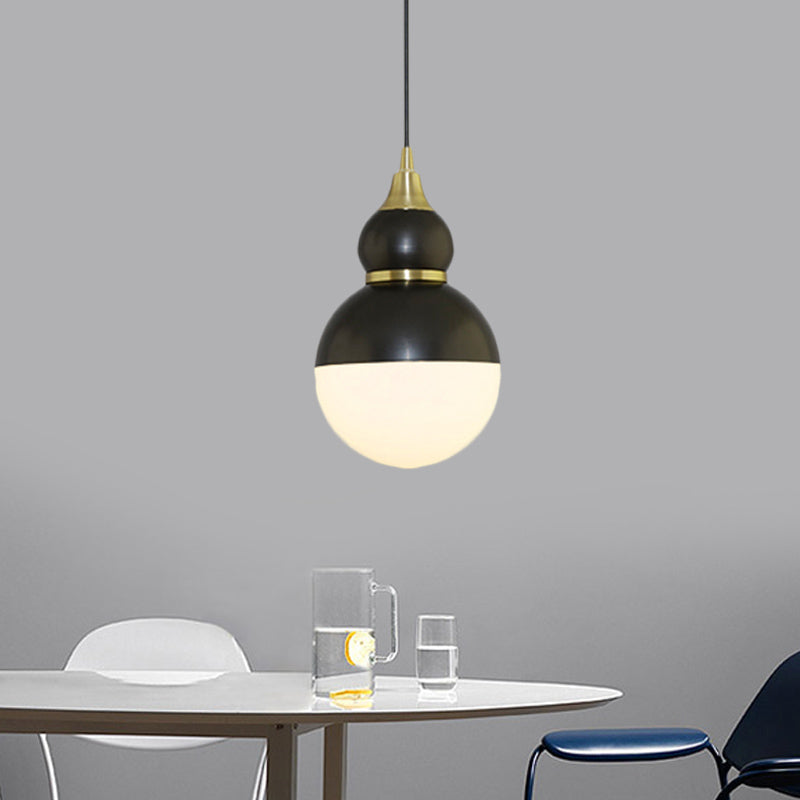 Black/Brass Gourd Shaped Pendant Lamp - Mid Century Metal - 1-Light Pendulum with Bottom White Glass Diffuser