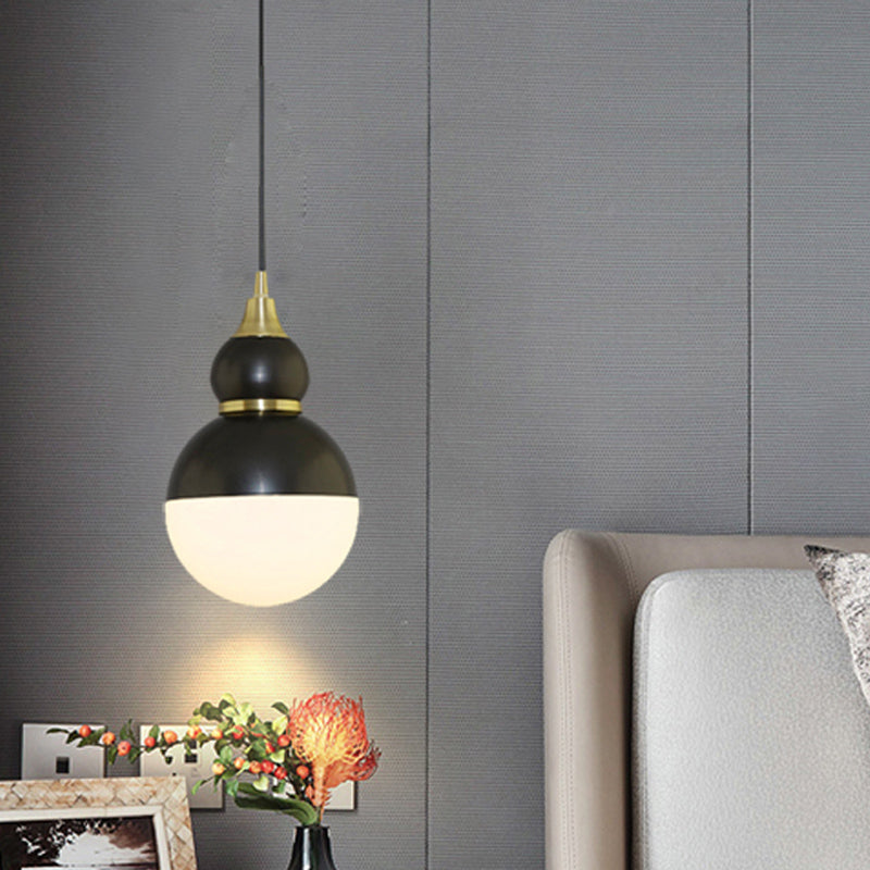 Black/Brass Gourd Shaped Pendant Lamp - Mid Century Metal - 1-Light Pendulum with Bottom White Glass Diffuser