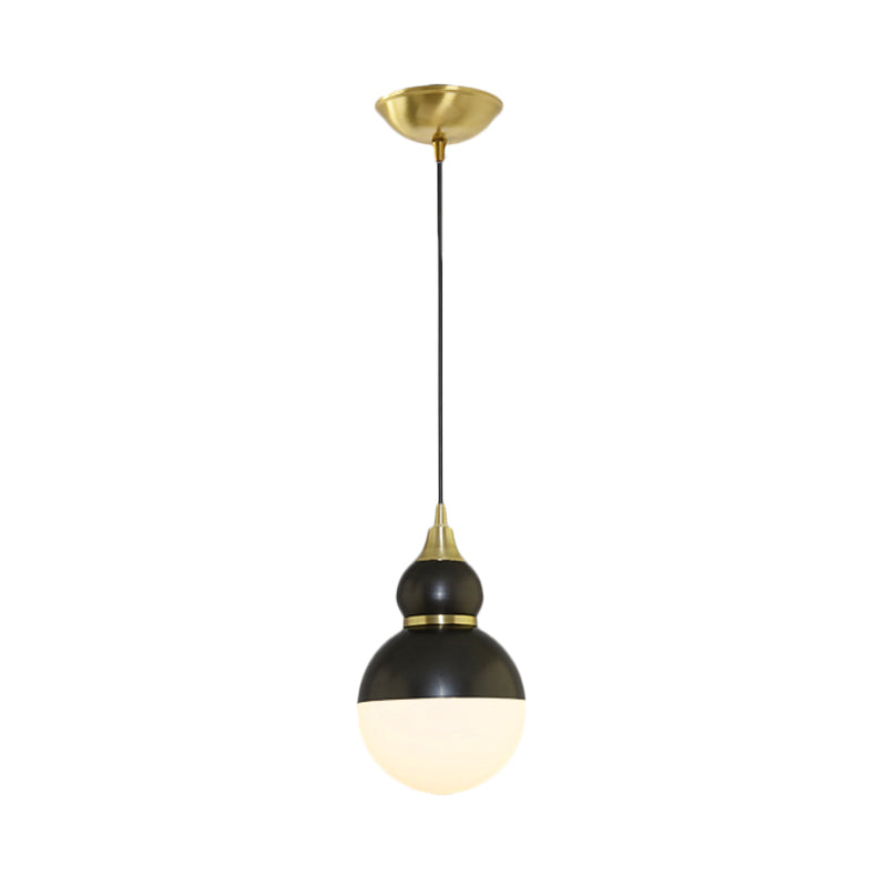 Black/Brass Gourd Shaped Pendant Lamp - Mid Century Metal - 1-Light Pendulum with Bottom White Glass Diffuser
