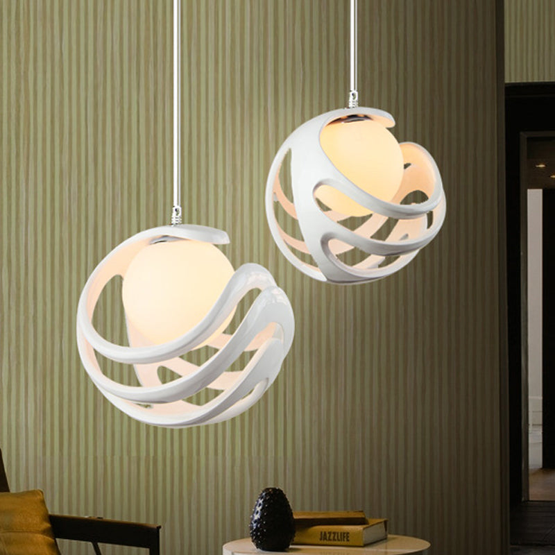 Modern Resin Curled Cage Pendant Light - White Ceiling Lamp With Milk Glass Shade