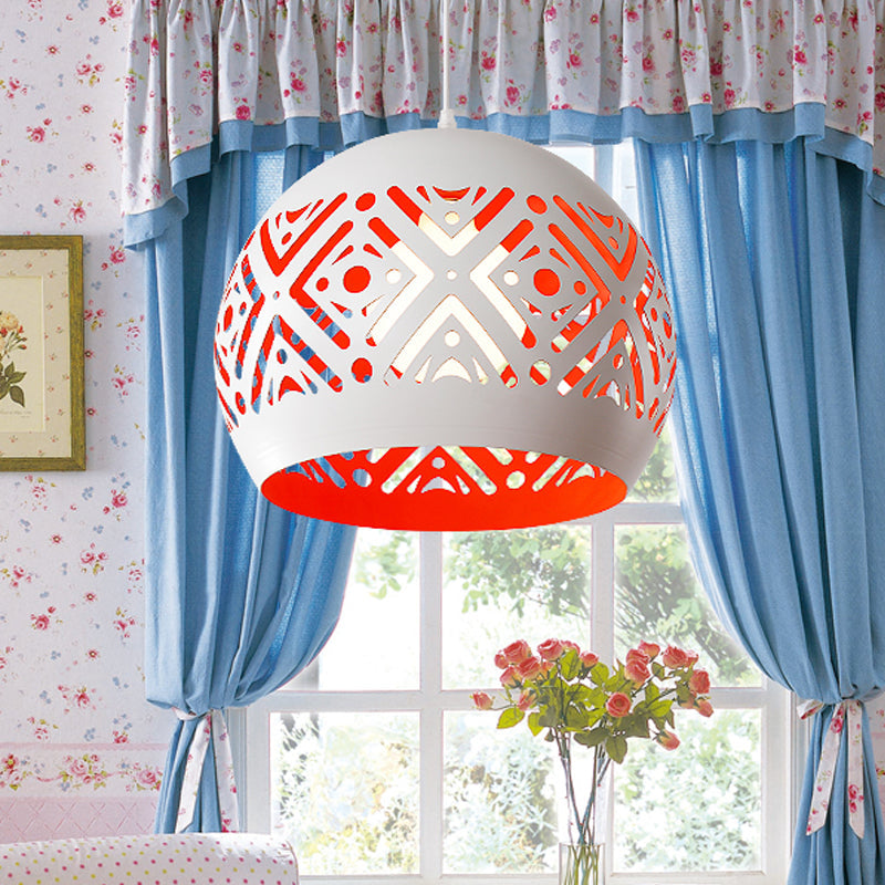Modernist Iron Pendulum Light with White and Red Inner Design - 1-Light Hollowed-Out Dome Pendant Fixture
