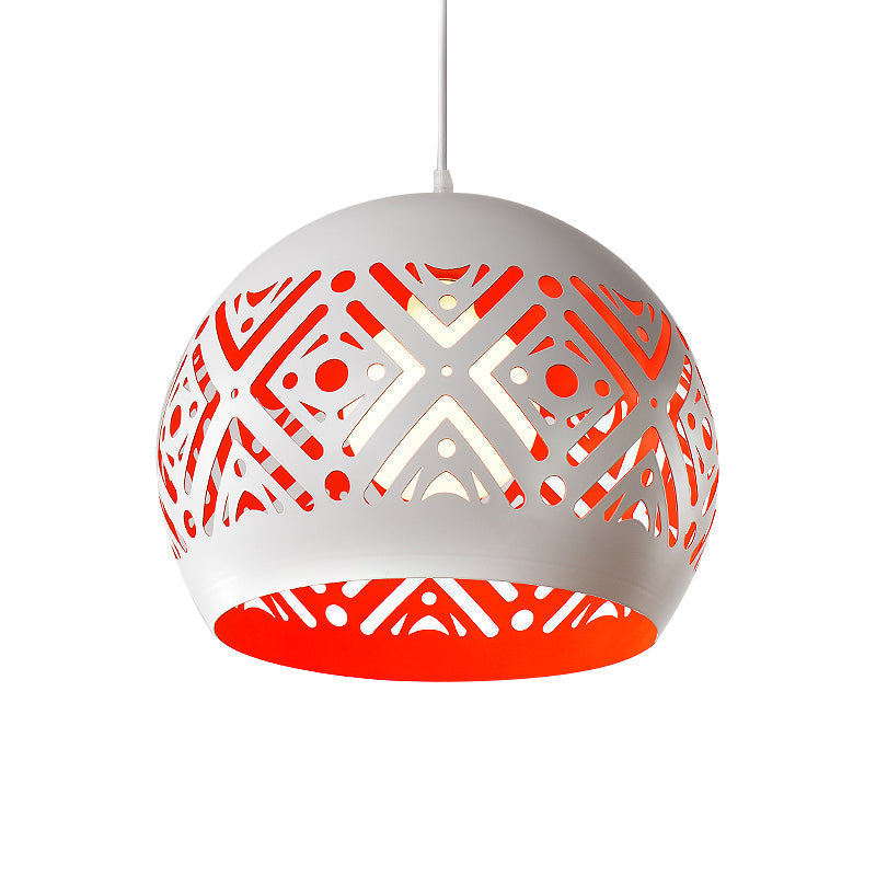 Modernist Iron Pendulum Light with White and Red Inner Design - 1-Light Hollowed-Out Dome Pendant Fixture