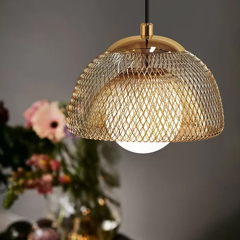 Vintage Opal Matte Glass Globe Pendant Light - 12"/16" Wide - 1 Light Hanging Lamp in Gold with Dual Mesh Screen