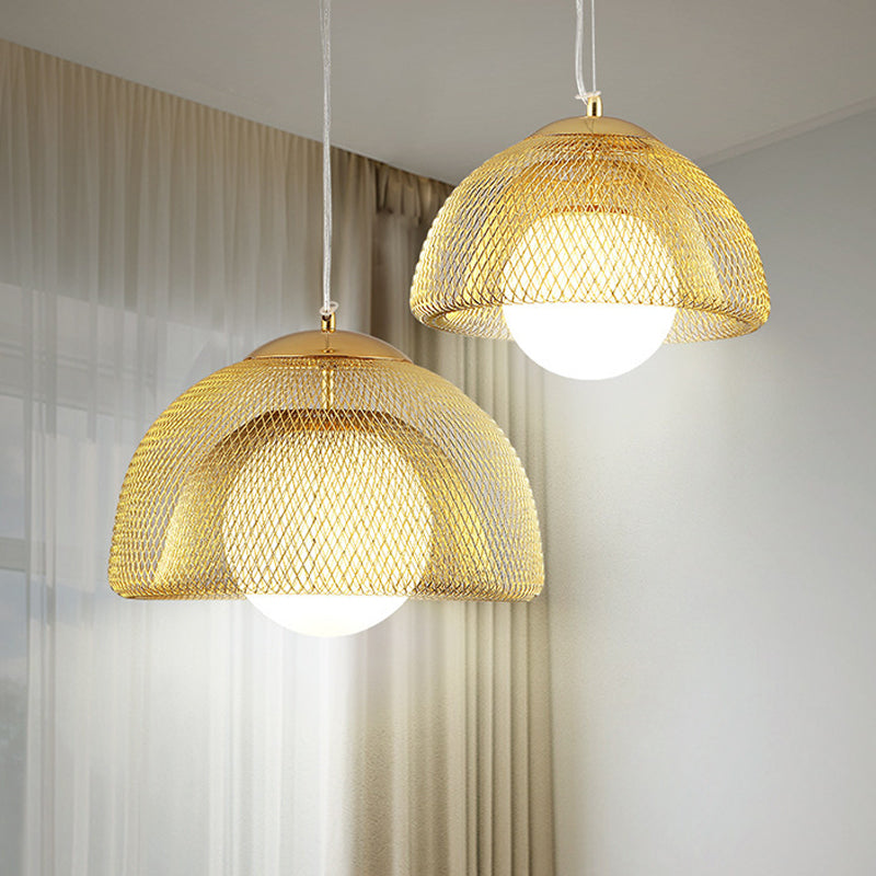 Vintage Opal Matte Glass Globe Pendant Light - 12"/16" Wide - 1 Light Hanging Lamp in Gold with Dual Mesh Screen
