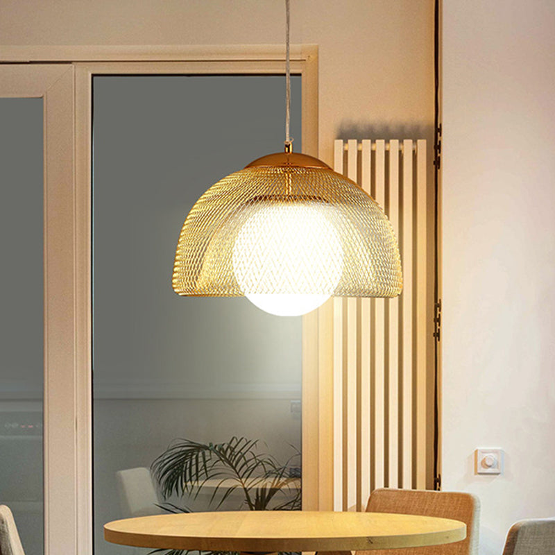 Vintage Opal Matte Glass Globe Pendant Light - 12"/16" Wide - 1 Light Hanging Lamp in Gold with Dual Mesh Screen