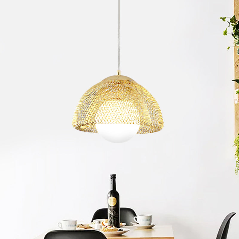 Vintage Opal Matte Glass Globe Pendant Light - 12"/16" Wide - 1 Light Hanging Lamp in Gold with Dual Mesh Screen