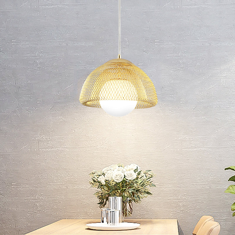 Vintage Opal Matte Glass Globe Pendant Light - 12"/16" Wide - 1 Light Hanging Lamp in Gold with Dual Mesh Screen