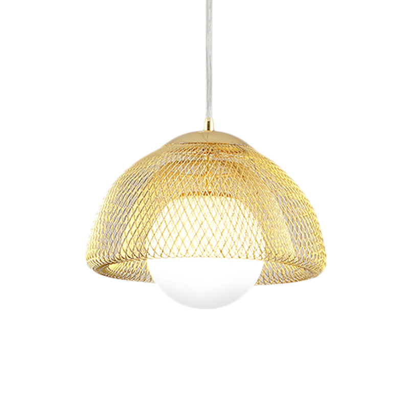 Vintage Opal Matte Glass Globe Pendant Light - 12"/16" Wide - 1 Light Hanging Lamp in Gold with Dual Mesh Screen