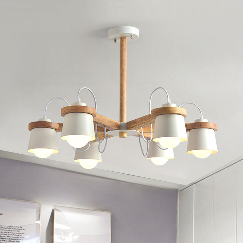 Nordic Wood Semi Flush Ceiling Mount Chandelier with Barrel Lampshade - 6 Bulbs, Wheel Style, White