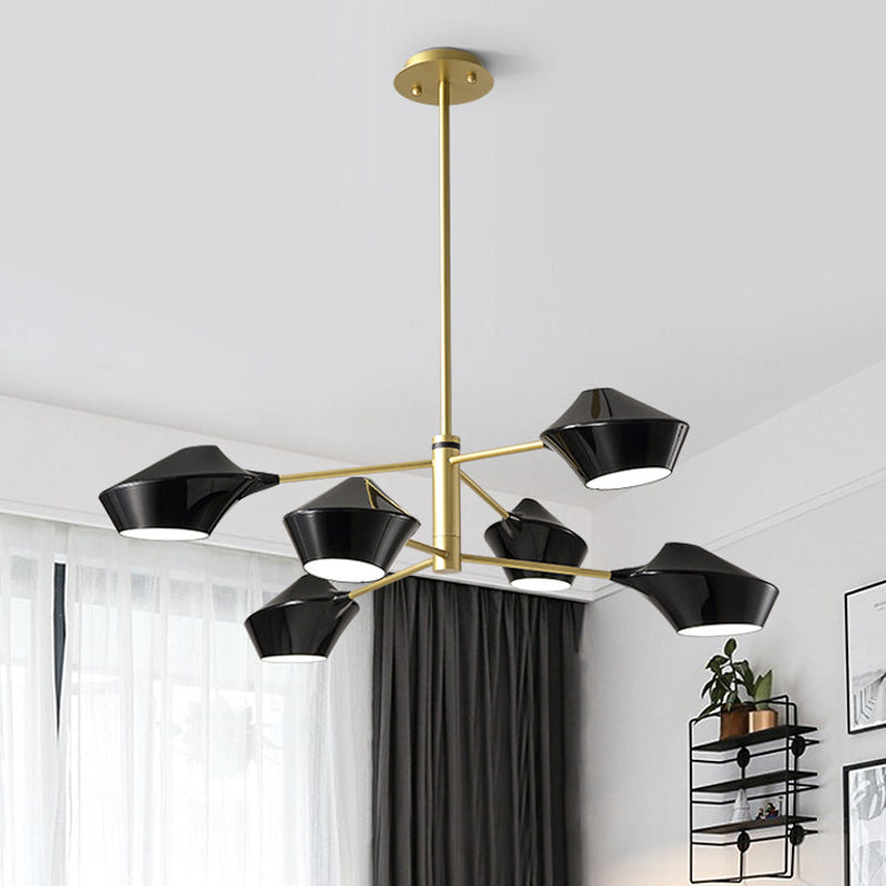 Lustre moderne en métal à 2 niveaux avec abat-jour pivotants en noir-or/blanc - Suspension de plafond à 6 ampoules pour salon