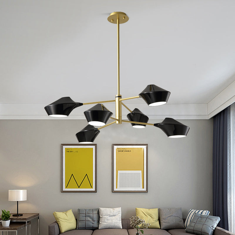 Lustre moderne en métal à 2 niveaux avec abat-jour pivotants en noir-or/blanc - Suspension de plafond à 6 ampoules pour salon