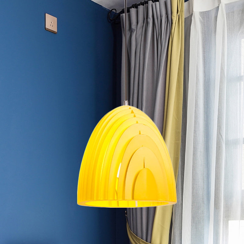Modern Wood Grain Dome Pendant Light: Single White/Yellow/Blue Lamp Kit