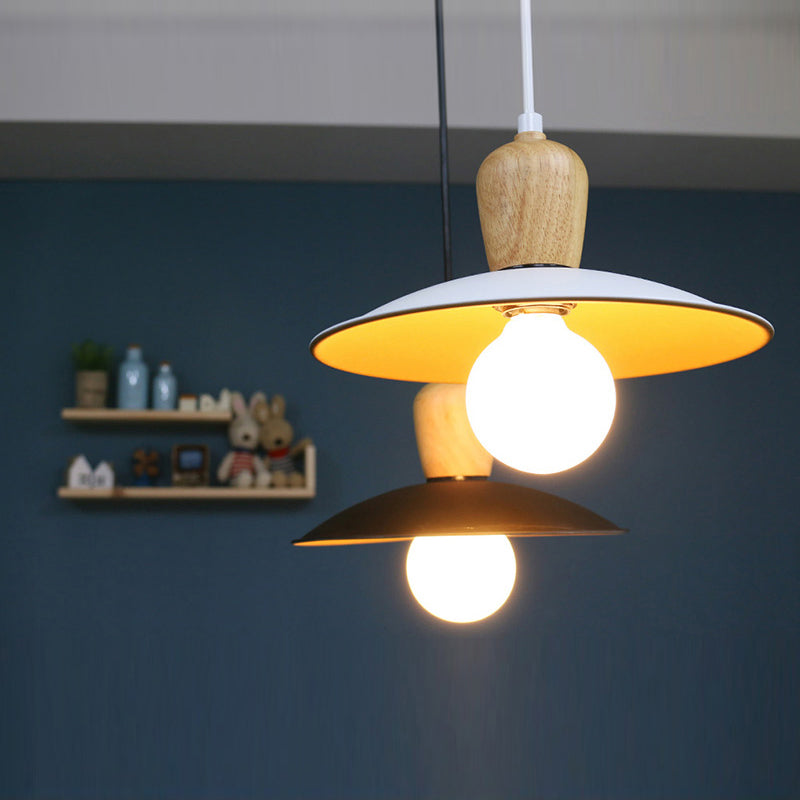 Lampe à suspension Nordic Flying Saucer - Lampe à ampoule unique en bois blanc/noir