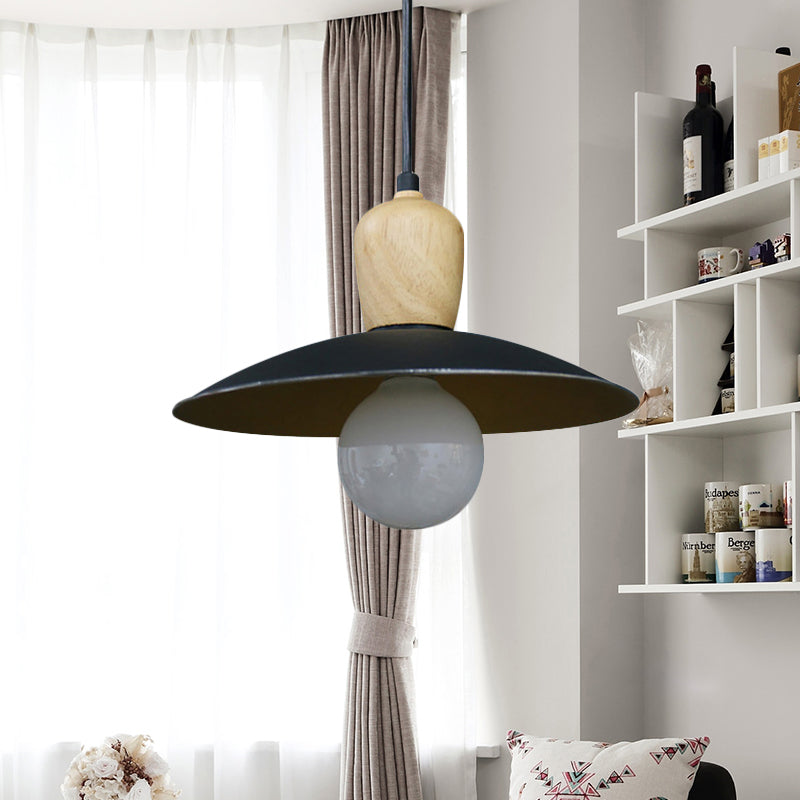 Lampe à suspension Nordic Flying Saucer - Lampe à ampoule unique en bois blanc/noir