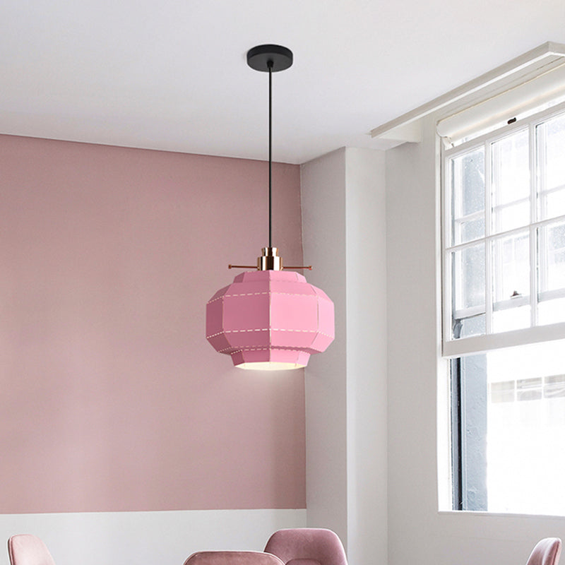 Pink Macaron Pendant Light With Faceted Iron Shade - Dinette Style
