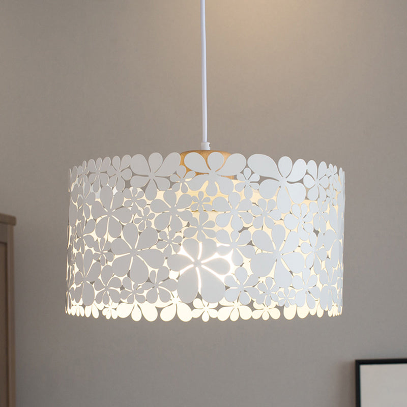Modern Cutout Petals Drum Iron Pendant Lamp - 1 Head White Ceiling Light For Dining Room