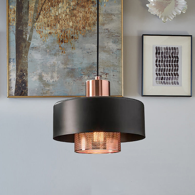 Mid-Century Metal Dual Lid Shade Pendant Light - Black And Rose Gold Finish With Netting Screen