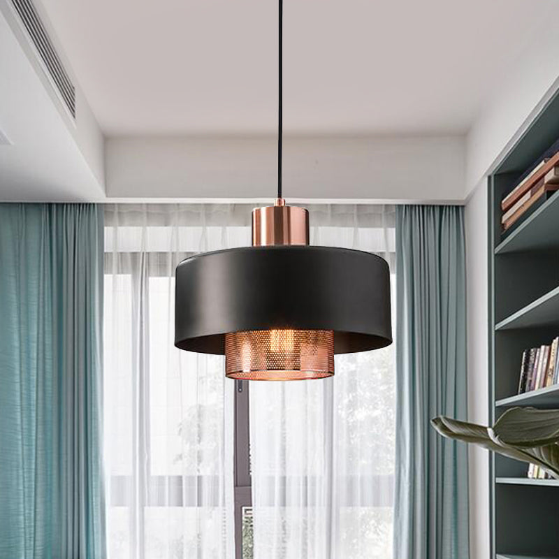 Mid-Century Metal Dual Lid Shade Pendant Light - Black And Rose Gold Finish With Netting Screen