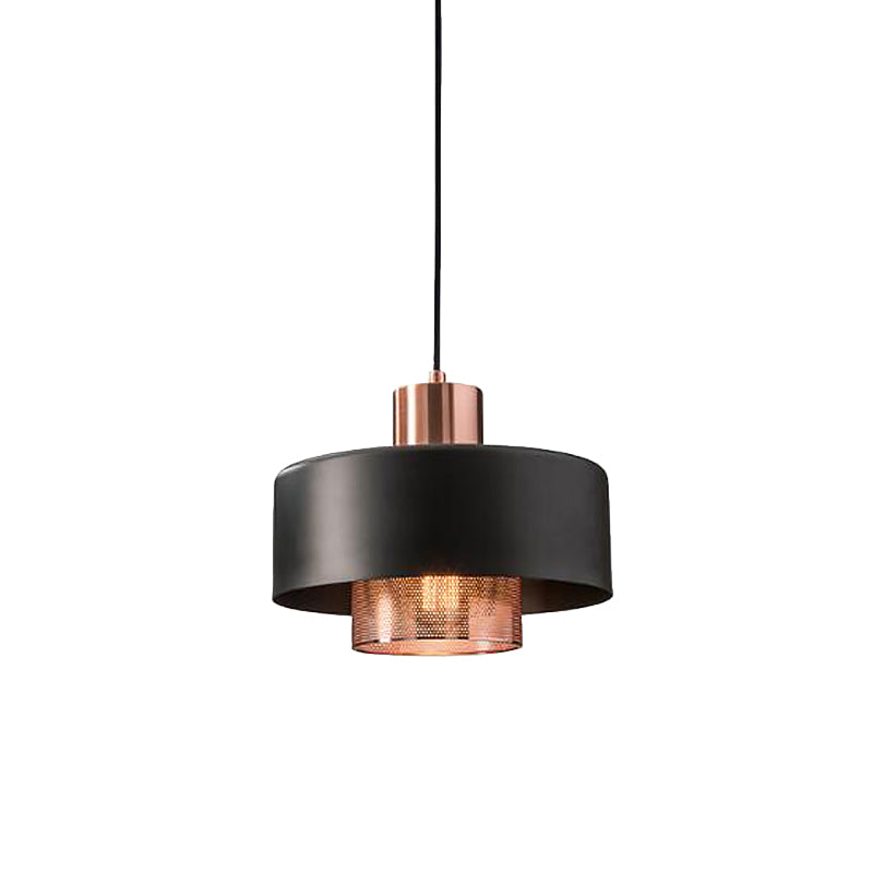 Mid-Century Metal Dual Lid Shade Pendant Light - Black And Rose Gold Finish With Netting Screen