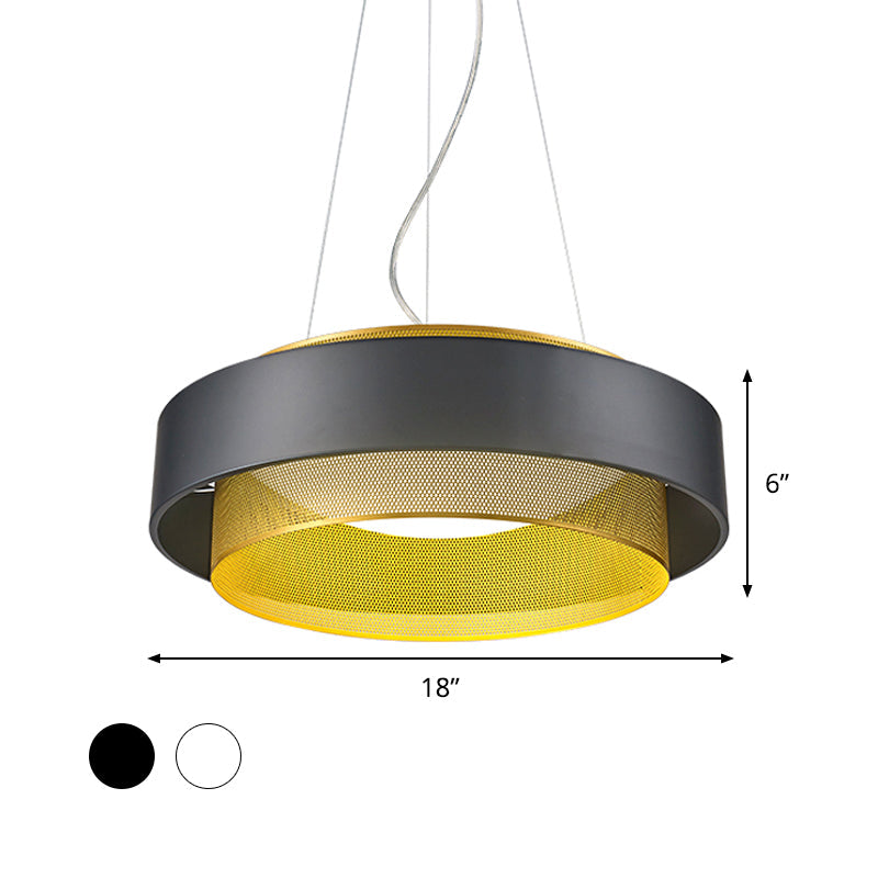 Modern Metal Circle Hanging Light - White/Black-Gold - 15"/18" Wide - LED Drop Pendant with Mesh Screen and Acrylic Diffuser