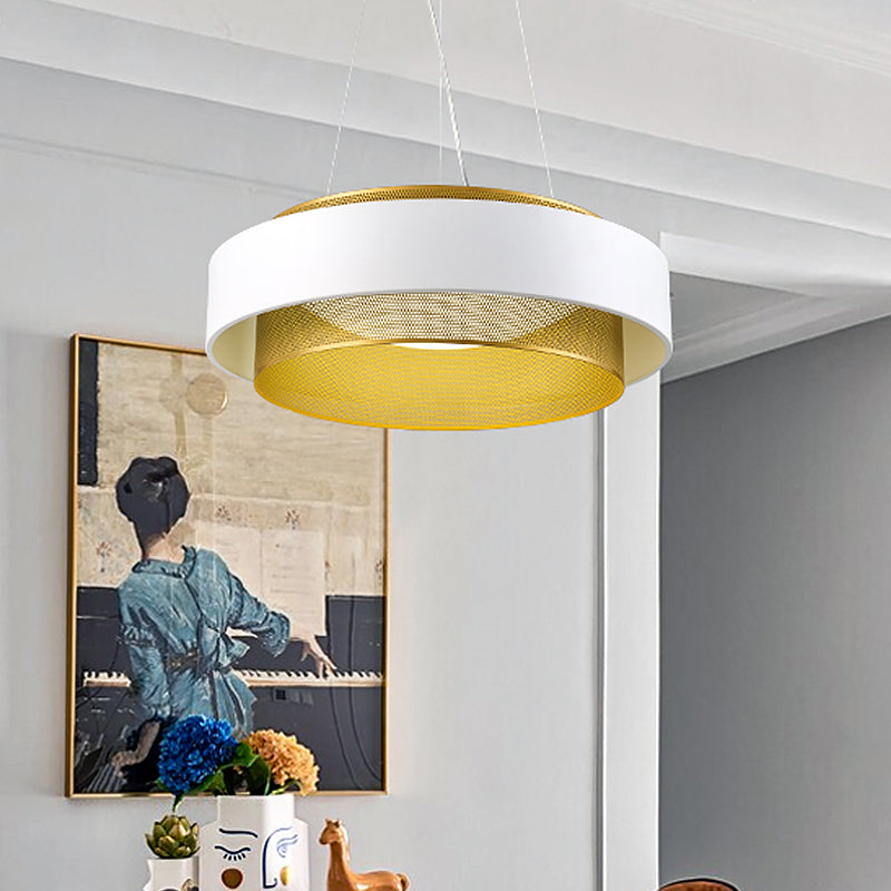 Modern Metal Circle Hanging Light - White/Black-Gold - 15"/18" Wide - LED Drop Pendant with Mesh Screen and Acrylic Diffuser