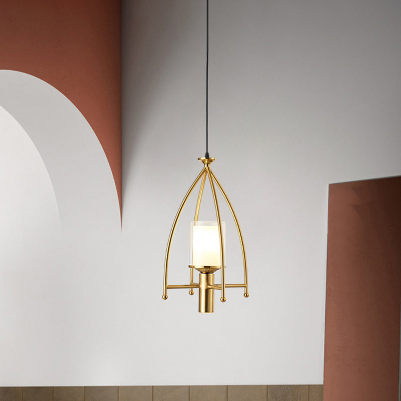 Mid Century Matte Glass Pendant Light with Dual Shade and Gold Cage Guard