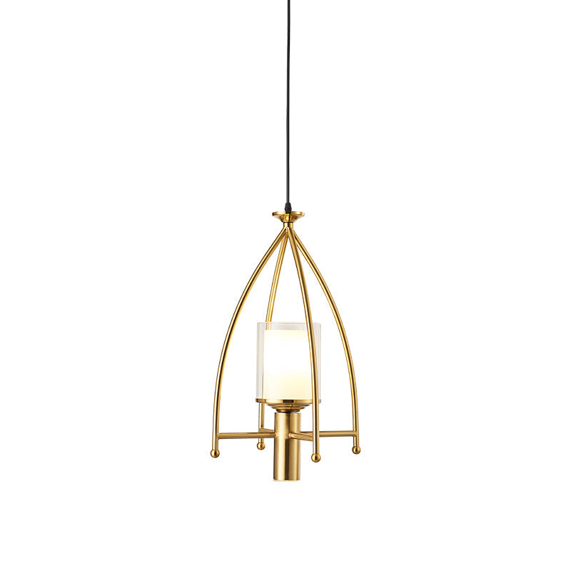 Mid Century Matte Glass Pendant Light with Dual Shade and Gold Cage Guard