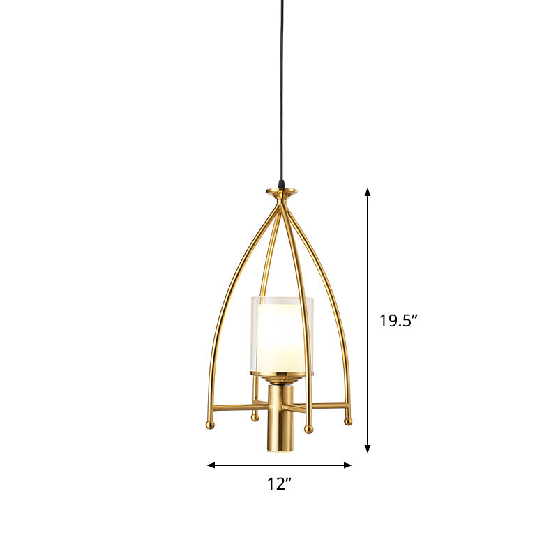 Mid Century Matte Glass Pendant Light with Dual Shade and Gold Cage Guard
