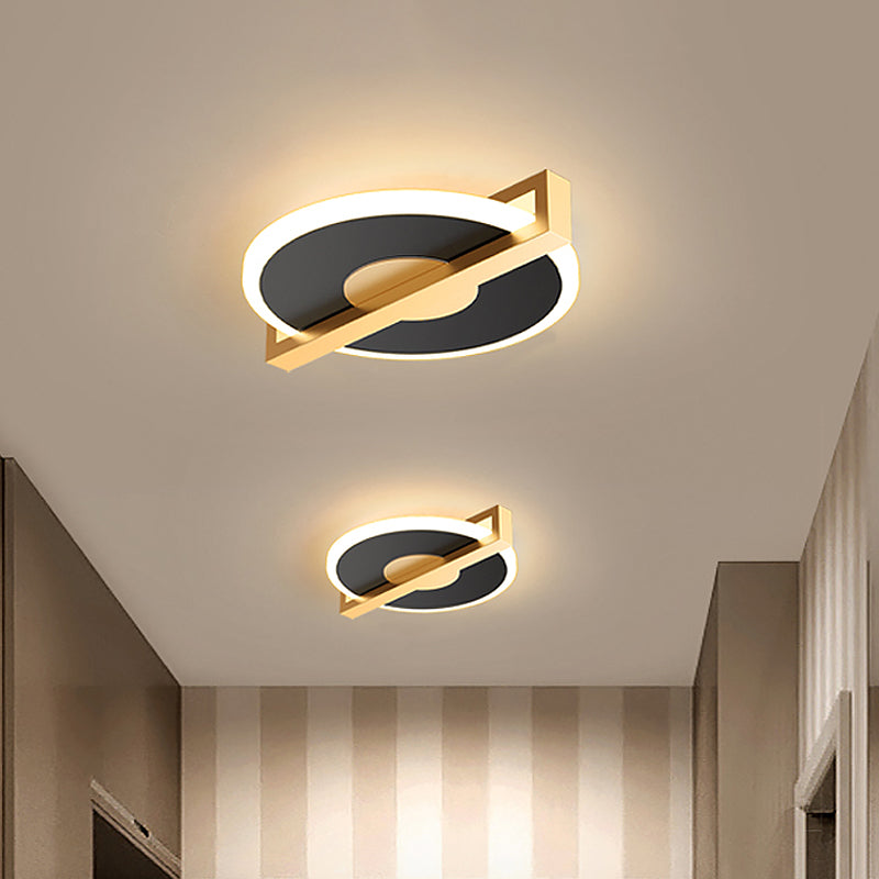 Plafonnier en métal de style rétro – Petit disque, design fin, LED noir/blanc et doré, lampe proche du plafond