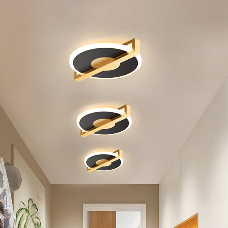 Plafonnier en métal de style rétro – Petit disque, design fin, LED noir/blanc et doré, lampe proche du plafond