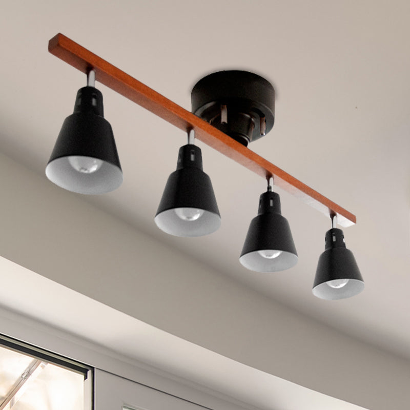 Plafonnier à encastrer à corne rotative en fer blanc/noir nordique avec bras en poutre en bois - Lot de 4 ampoules