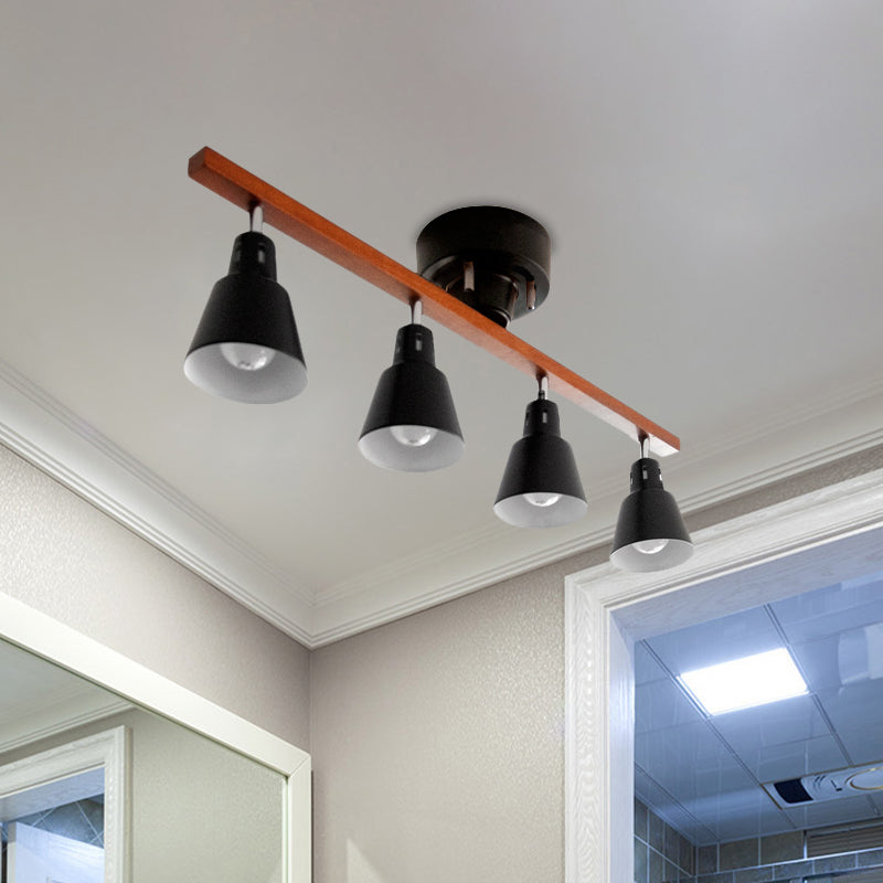 Plafonnier à encastrer à corne rotative en fer blanc/noir nordique avec bras en poutre en bois - Lot de 4 ampoules