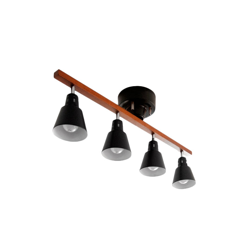 Plafonnier à encastrer à corne rotative en fer blanc/noir nordique avec bras en poutre en bois - Lot de 4 ampoules