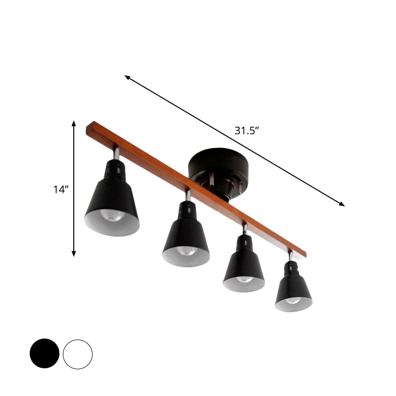 Plafonnier à encastrer à corne rotative en fer blanc/noir nordique avec bras en poutre en bois - Lot de 4 ampoules