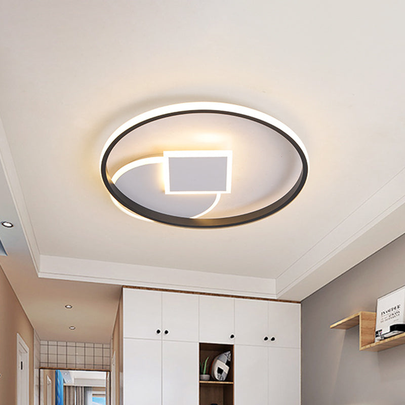 Modern Geometric LED Flushmount Ceiling Lamp - Thin Acrylic, Black-White, 16.5"/20.5" W - Warm/White Light for Dorm