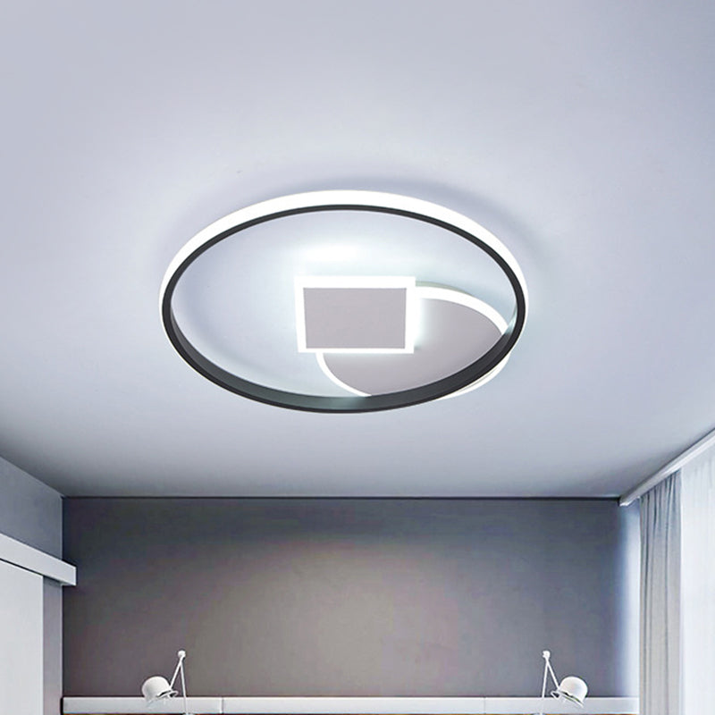Modern Geometric LED Flushmount Ceiling Lamp - Thin Acrylic, Black-White, 16.5"/20.5" W - Warm/White Light for Dorm
