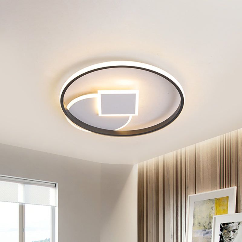Modern Geometric LED Flushmount Ceiling Lamp - Thin Acrylic, Black-White, 16.5"/20.5" W - Warm/White Light for Dorm