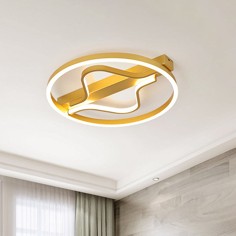 Aluminum Flush Mount Ceiling Light - Modernist Gold, LED Surface Lamp (16"/19.5") with Ripplet Central, Warm/White Light