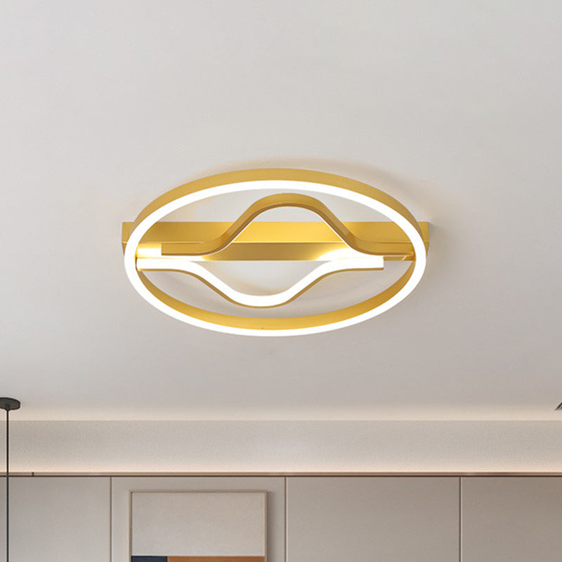 Aluminum Flush Mount Ceiling Light - Modernist Gold, LED Surface Lamp (16"/19.5") with Ripplet Central, Warm/White Light