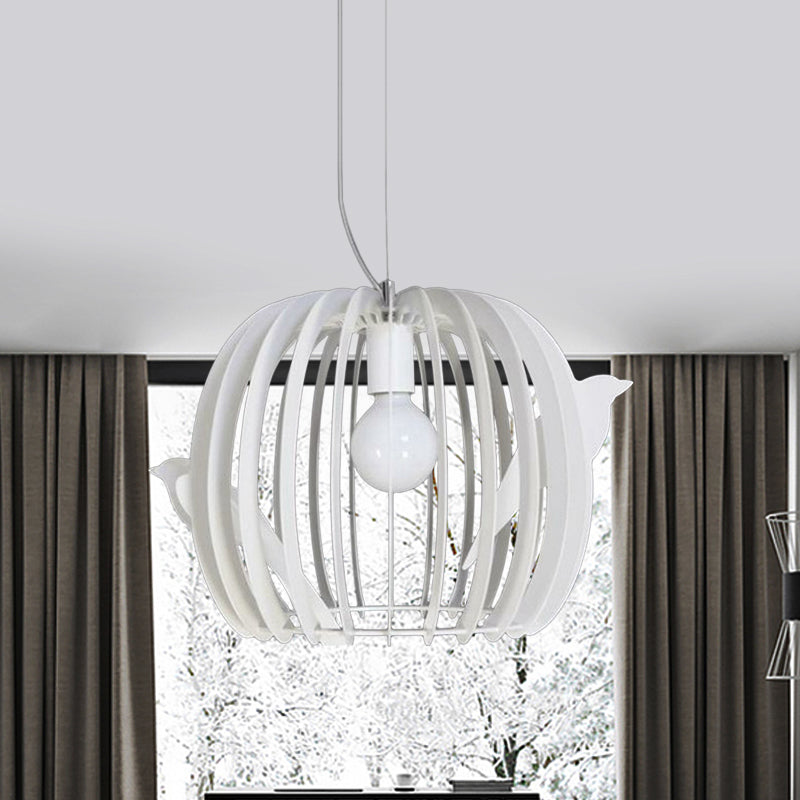 Modern Iron Birdcage Pendant Lamp in White with Bird Decor - Drum Shaped, 1 Bulb Hanging Ceiling Light