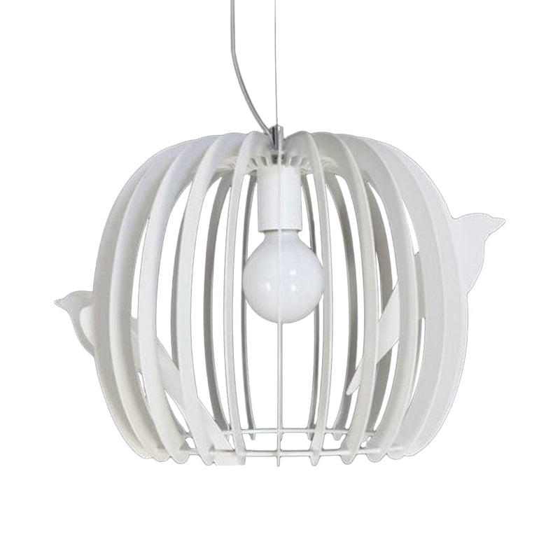 Modern Iron Birdcage Pendant Lamp in White with Bird Decor - Drum Shaped, 1 Bulb Hanging Ceiling Light