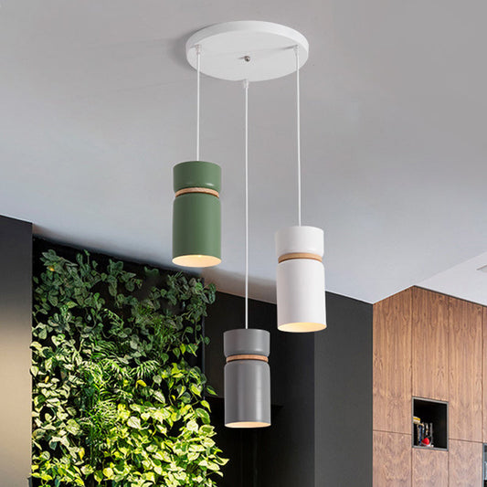 Macaron 3-Light Pendant: Metallic White-Grey-Green Tubes with Wood Band