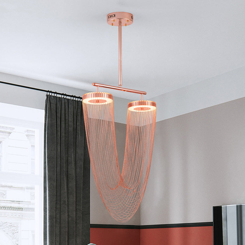Modern Rose Gold LED Ceiling Light with Hand Braided Chain Fringe for Loft House