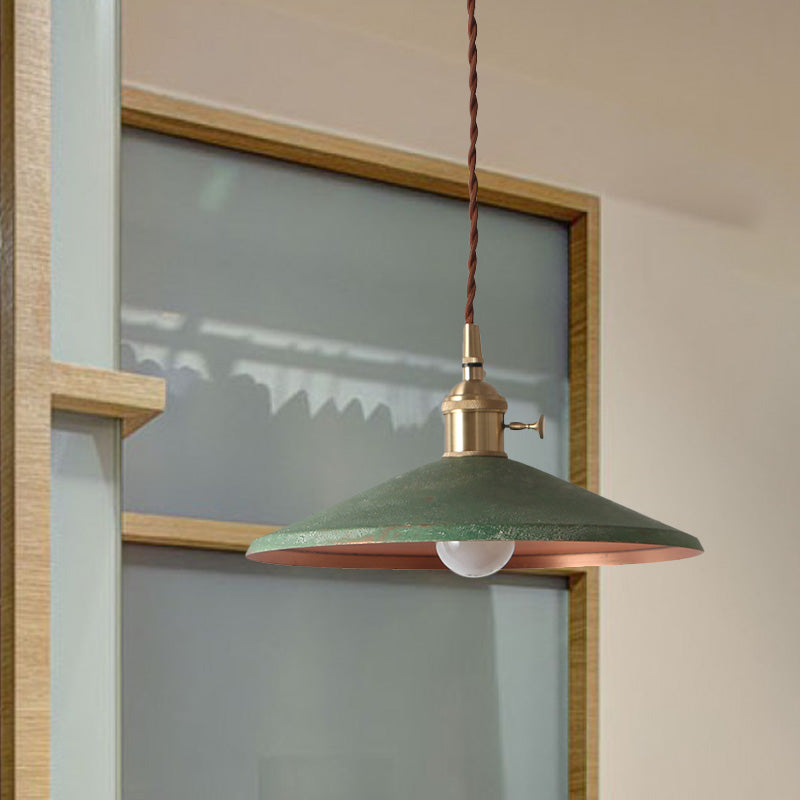 Rustic 1-Light Hanging Pendant Lamp in Blue/Red/Silver for Dining Room - Saucer Shade Iron Design with Stranded Wire Cord